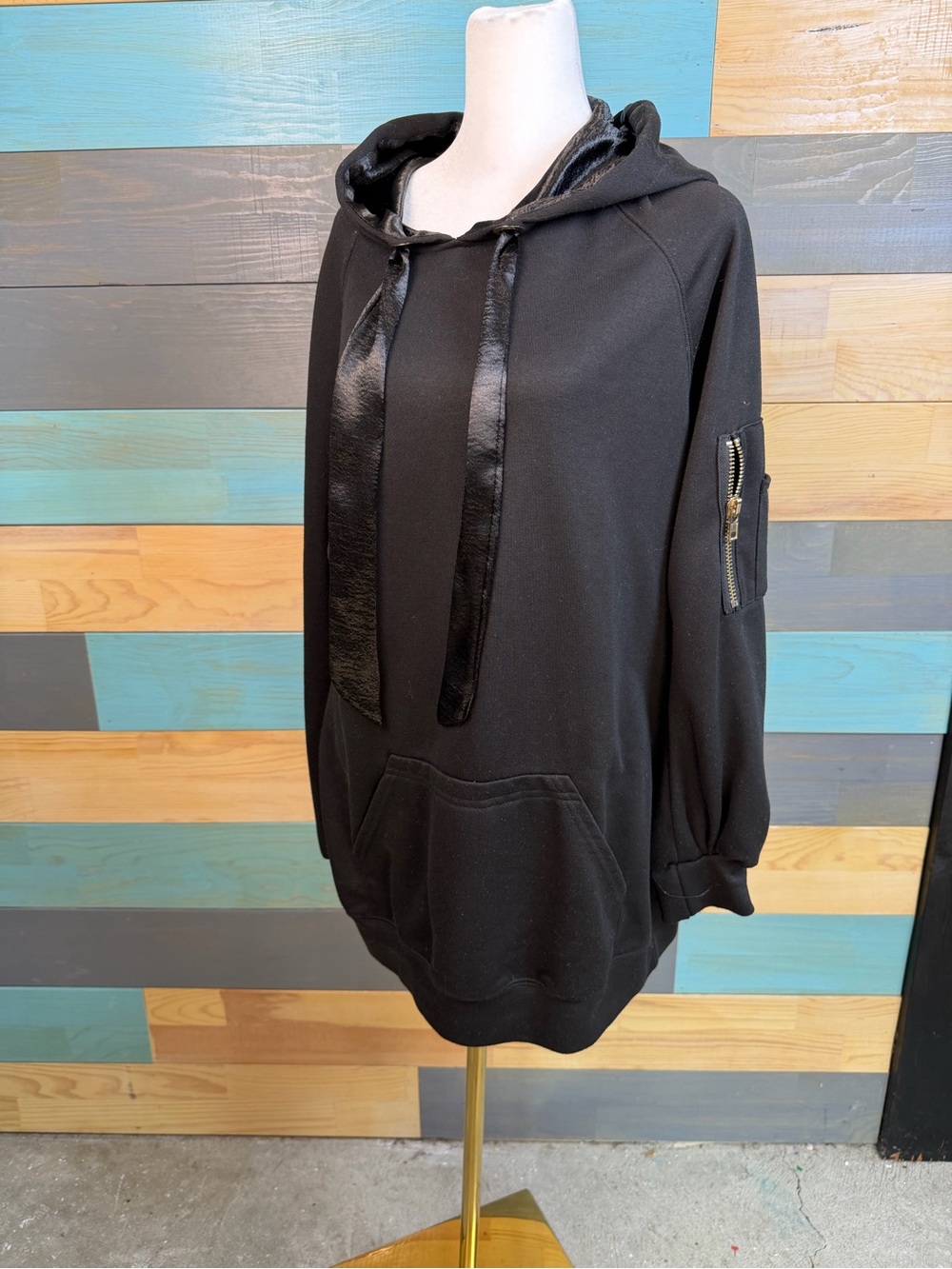 Lulu's Black Hooded Dress With Satin Drawstrings Kangaroo Pocket Shirt Dress